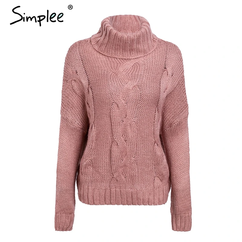 Женский вязаный свитер Simplee розовый Свободный пуловер с высоким воротником и