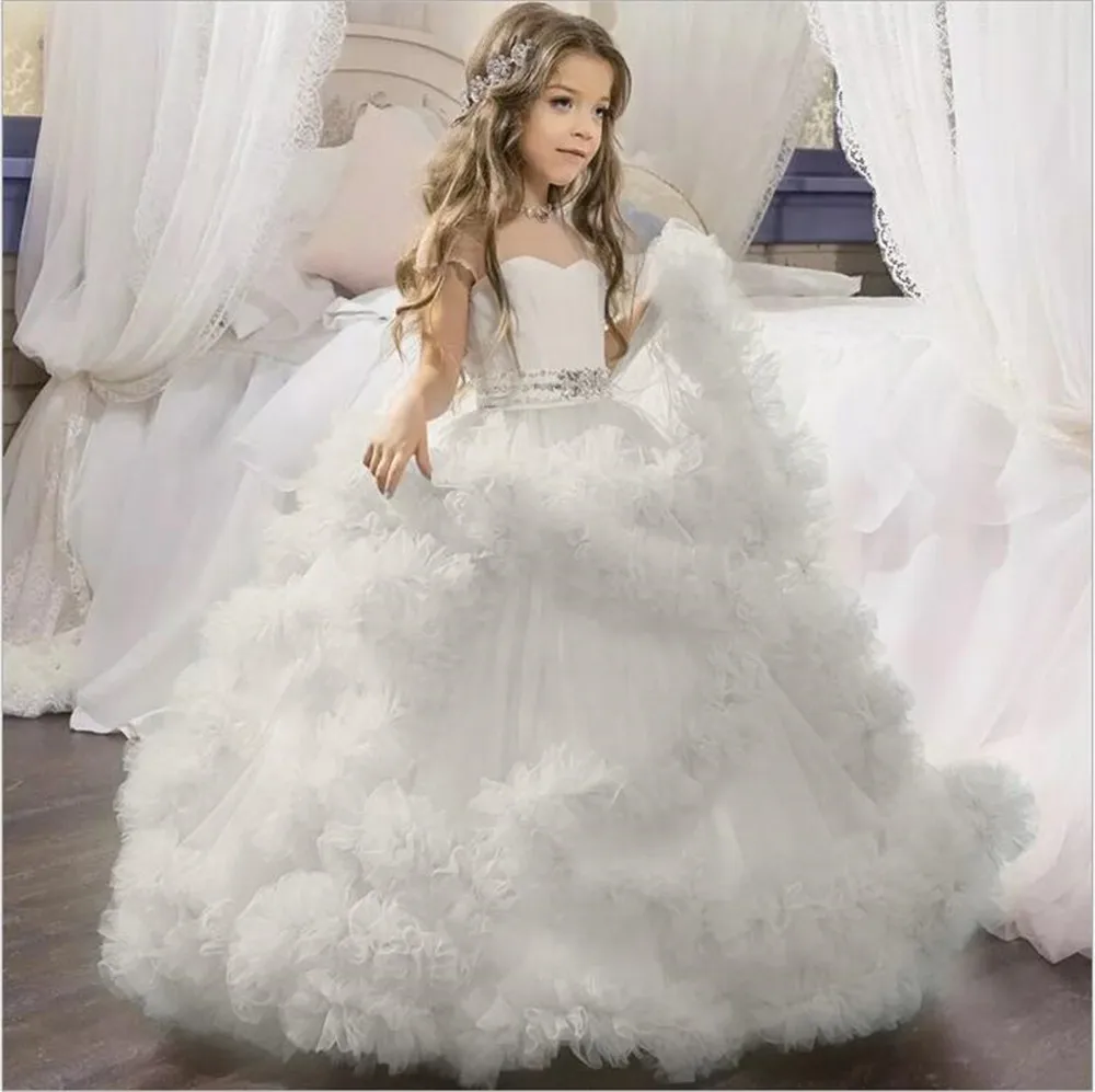 Princess Flower Lace Tutu Girl Dress Wedding Evening Mopping Long Fluffy Elegant Party Costume Kids 10 12 Years | Детская одежда и