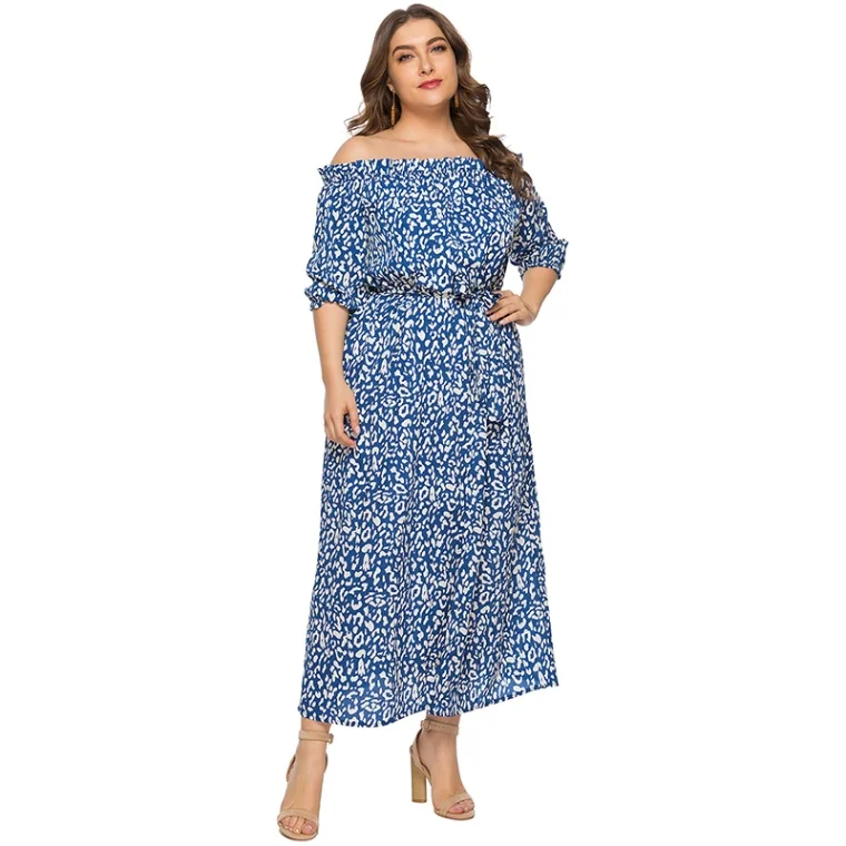 Синий EaseHut Сексуальное платье с открытыми плечами Boho Праздничное длинное элегантное платье с леопардовым принтом и высокой талией Макси-платье Летнее пляжное платье - Цвет: Синий