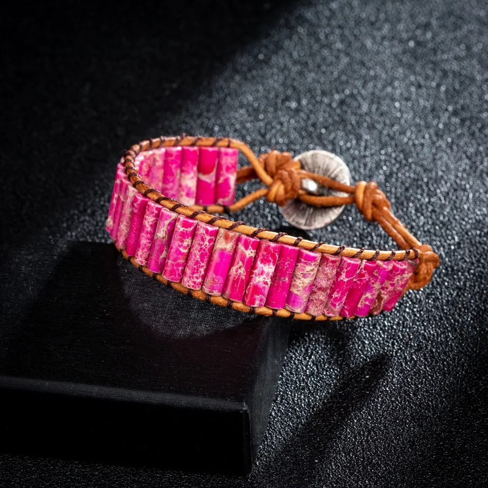 Женский кожаный браслет в богемном стиле с бусинами виде цветка лотоса|Гибкие