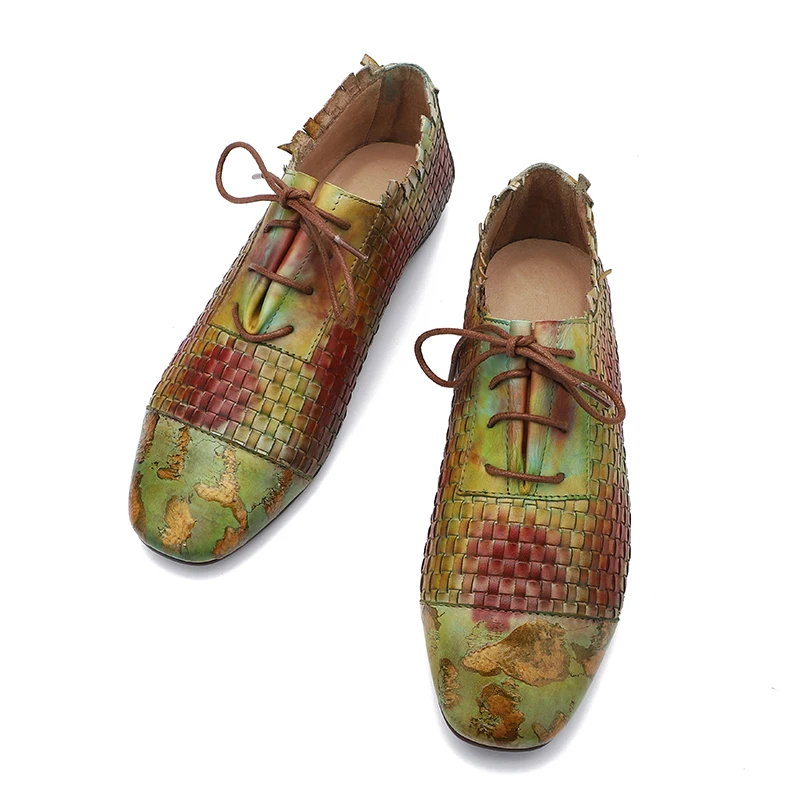 Woven Shoes Woman Latest Design Female Colorful Flat Shoes Hand-Painted Lace-Up Lady Casual Shoes Square Toe Footwear