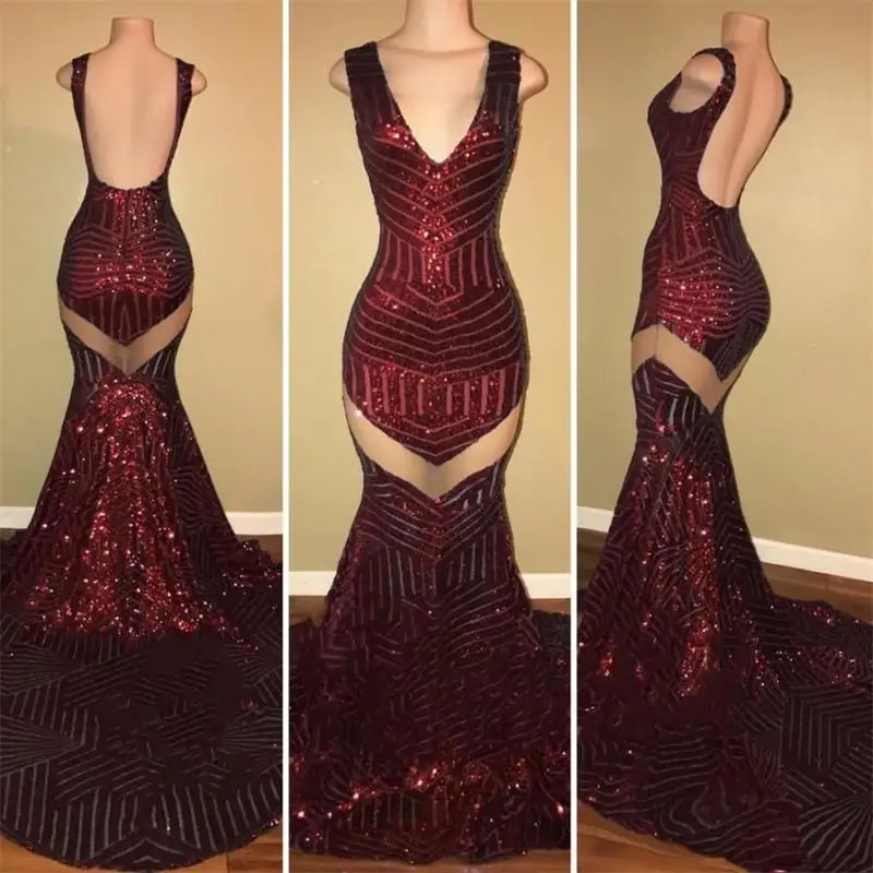 

Burgundy Open Back Mermaid Prom Dresses New Sleeveless Sequined Sweep Strain V Neck Formal Evening Party Gowns