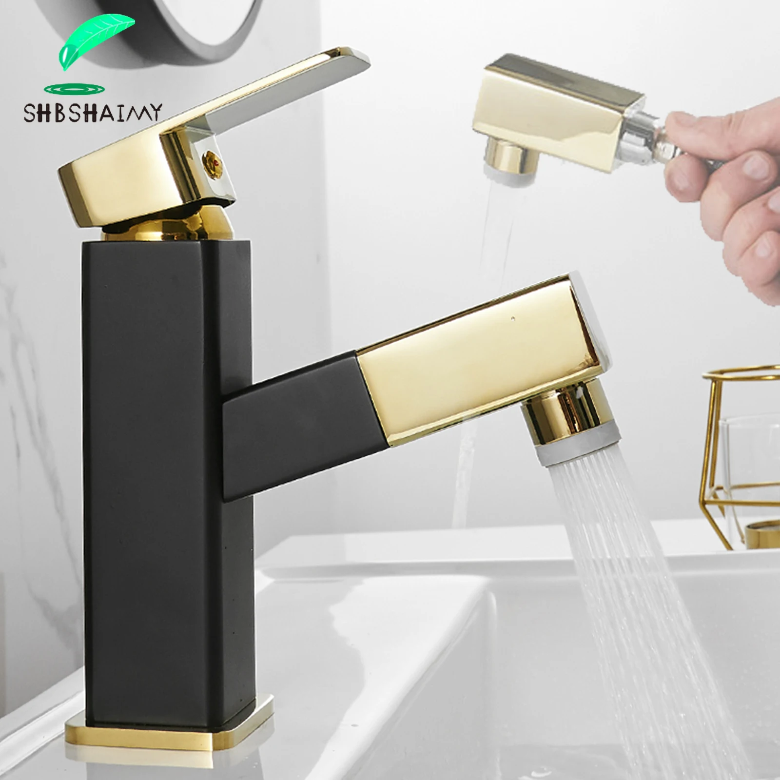 

Pull Out Basin Faucet Black Gold Two Water Modes Brass Bathroom Sink Faucet Deck Mounted Single Handle Hole Hot Cold Water Tap