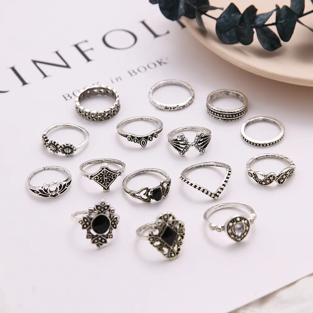 Набор колец в богемном ретро-стиле 15 шт./компл. с кристаллами цветочными листьями