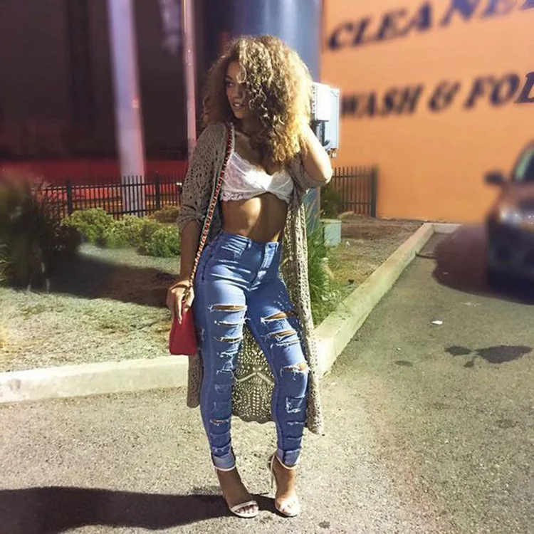 Женские рваные джинсы с завышенной талией и пуговицами | Женская одежда