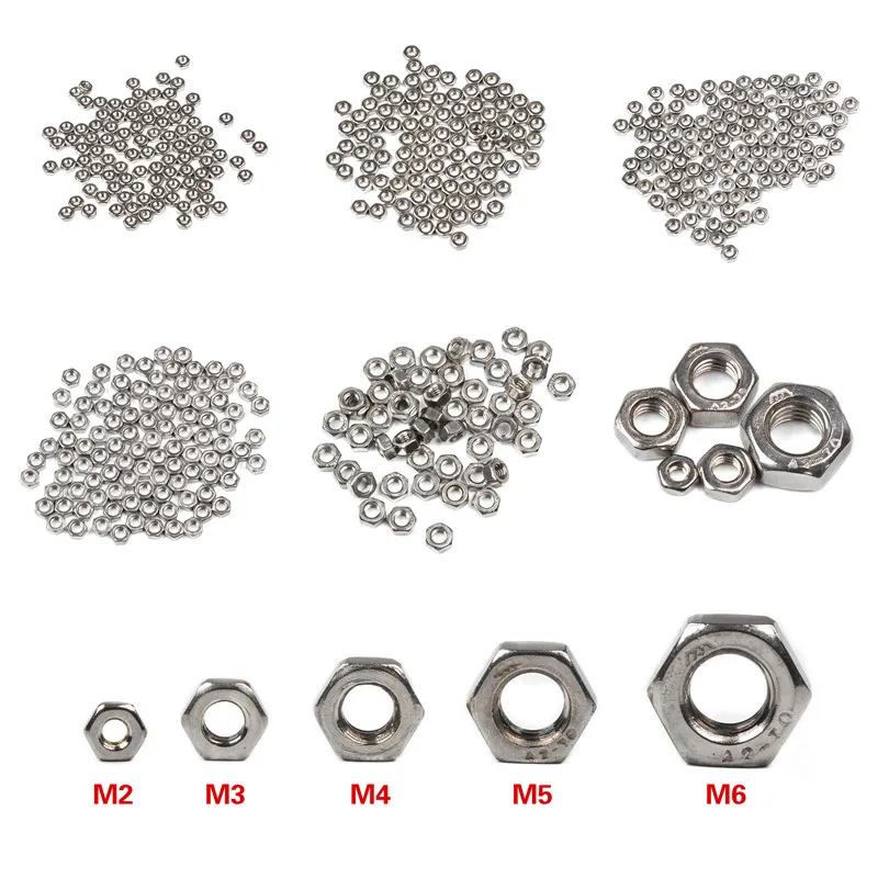 

100Pcs M2 M3 M4 M5 M6 Metric thread Hex Nuts 304 Stainless Steel Hex Nuts kit
