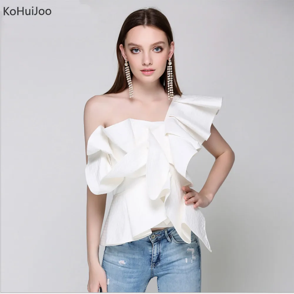 Женская хлопковая Футболка KoHuiJoo однотонная белая/синяя футболка на одно плечо с