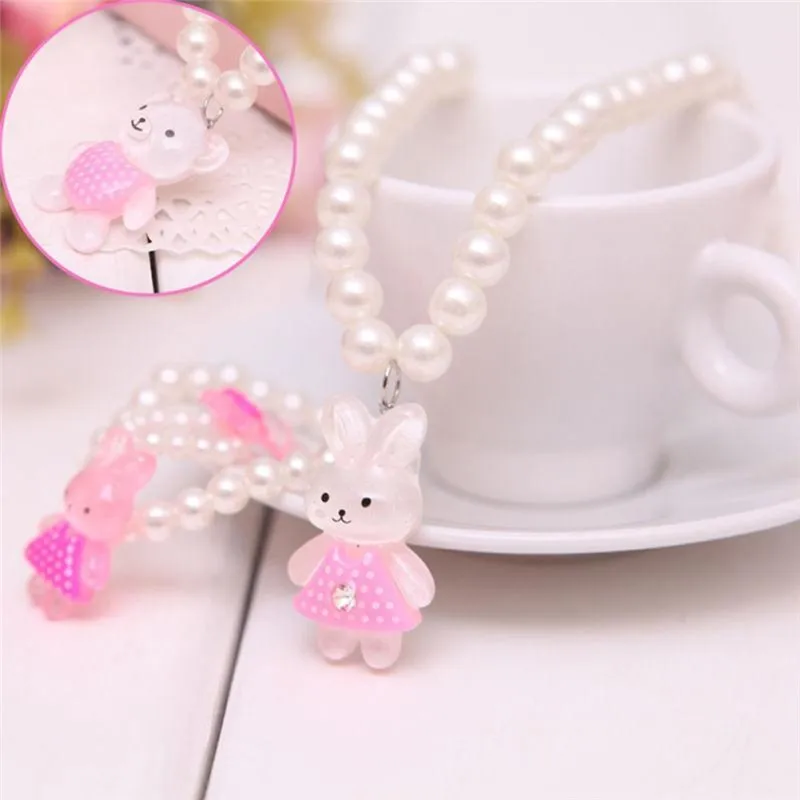 3Pcs/set Cute Kids Rabbit Pearl Necklace Bracelet Earrings Elastic Girls Fashion Princess Pink Children Kawaii Jewelry | Украшения и