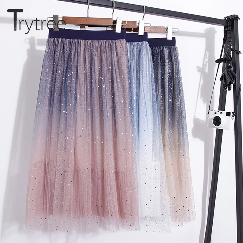 Женская двухслойная сетчатая юбка Trytree романтичная Лоскутная трапеция до