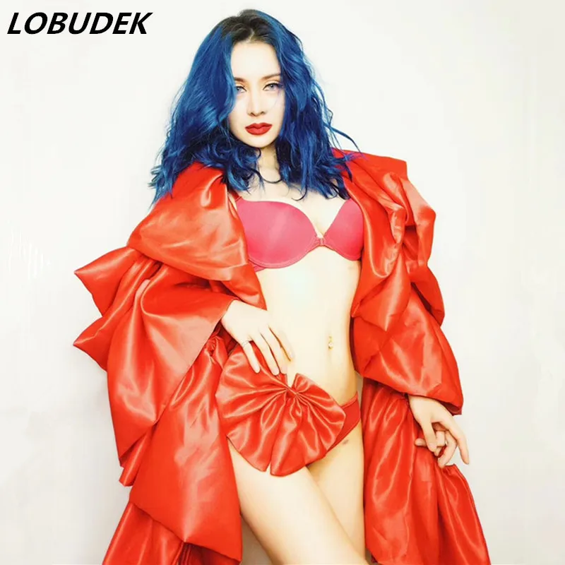 

2019 Red Bikini Flare Sleeve Shawl Women's Set Sexy Nightclub DJ Singer Stage Wear Bar Party Dance Outfit DS Performance Costume