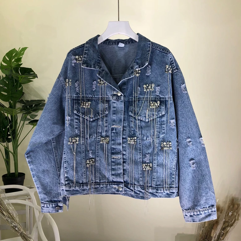 

New Heavy Industry Nail Pearl fringe Chain Hole Loose Jean Shorts Jacket Women s Coat