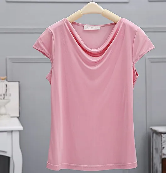 pink Женские 50% шелк 50% вискоза Трикотажные драпированные шеи футболки Топ 8 цветов M-2XL SG305 - Цвет: pink