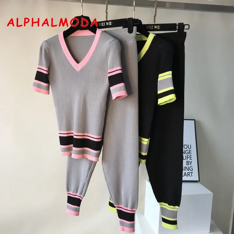 ALPHALMODA 2019 свитер с v образным вырезом и короткими рукавами + эластичные брюки