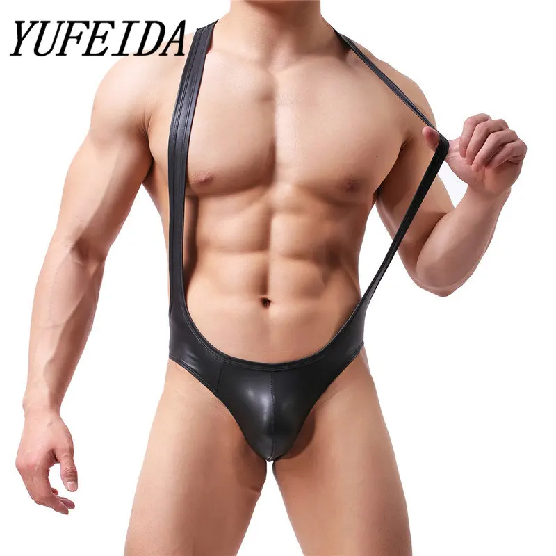 

Sexy Men Bodysuits Jocktrap Faux Leather Undershirts Wrestling Singlet Jumpsuits Suspender Underwear One-Piece Sexy Costume