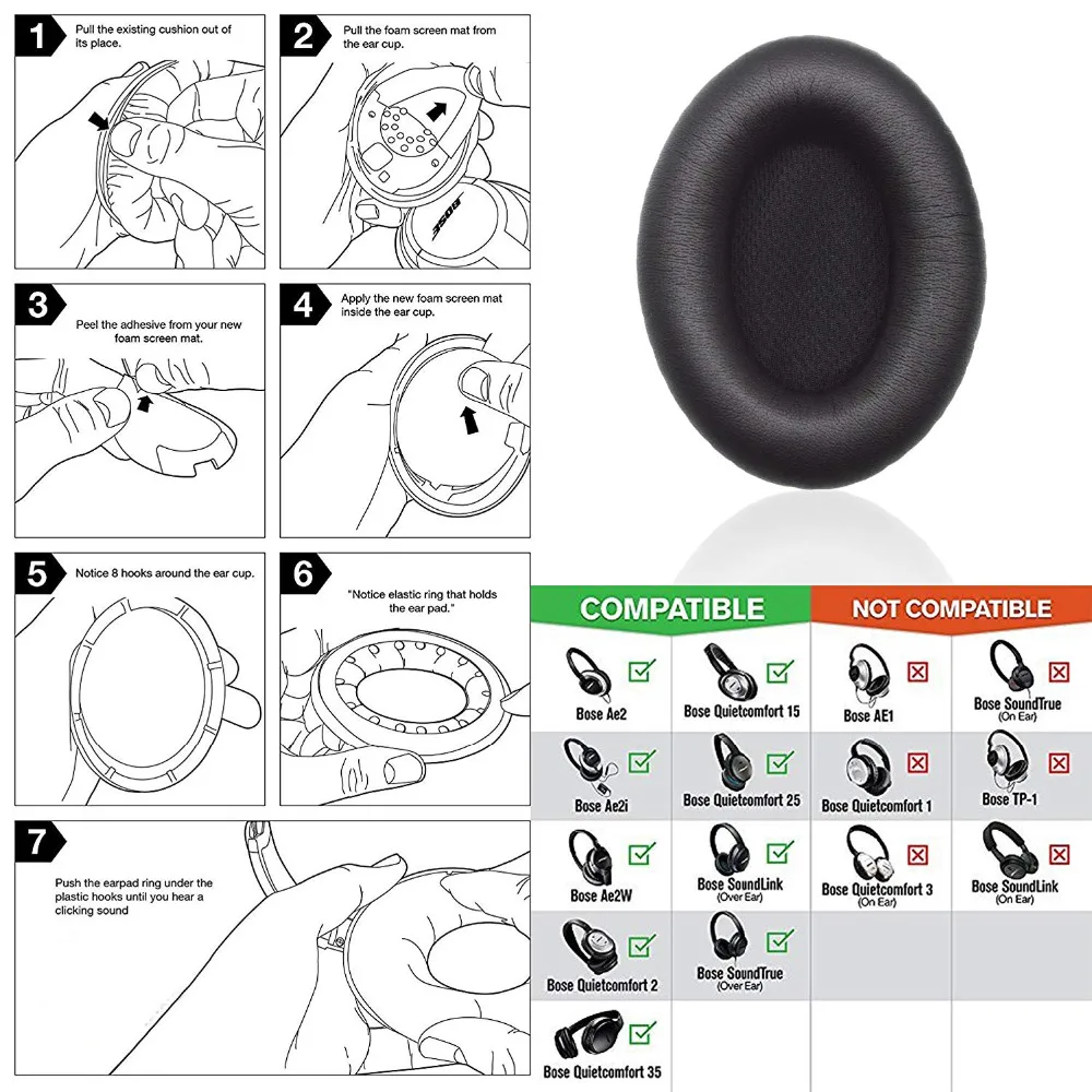 Набор амбушюров совместим с ForQuietcomfort 2/Quiet Comfort 15/QC 25/Ae2/Ae2i/Ae2w/Sound True/Sound Link