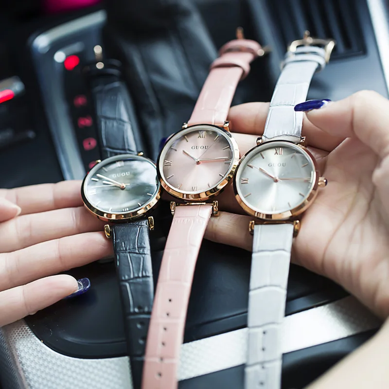 GUOU простые модные часы женские ударопрочные римские с кожаным ремешком|horloge