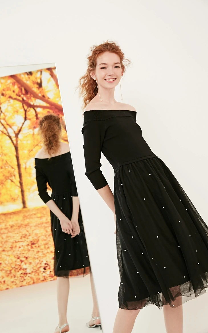 Vero Moda Новое Женское трикотажное платье с 3/4 рукавами и открытыми плечами | 318346521