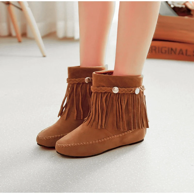 

Women Fringe Flock Ankle Boots Slip On Plus Size Flat Solid Female Shoes Faux Suede Tassel Spring Autumn Bling Footwear yuh78
