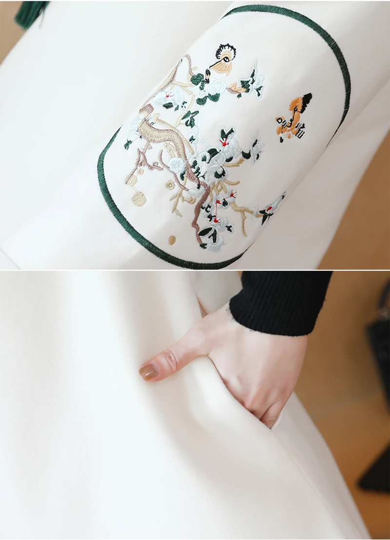 Улучшенный чёнсам в китайском стиле ретро Hanfu женская одежда Вышивка женское шерстяные пальто толстые теплые длинные шерстяные куртки
