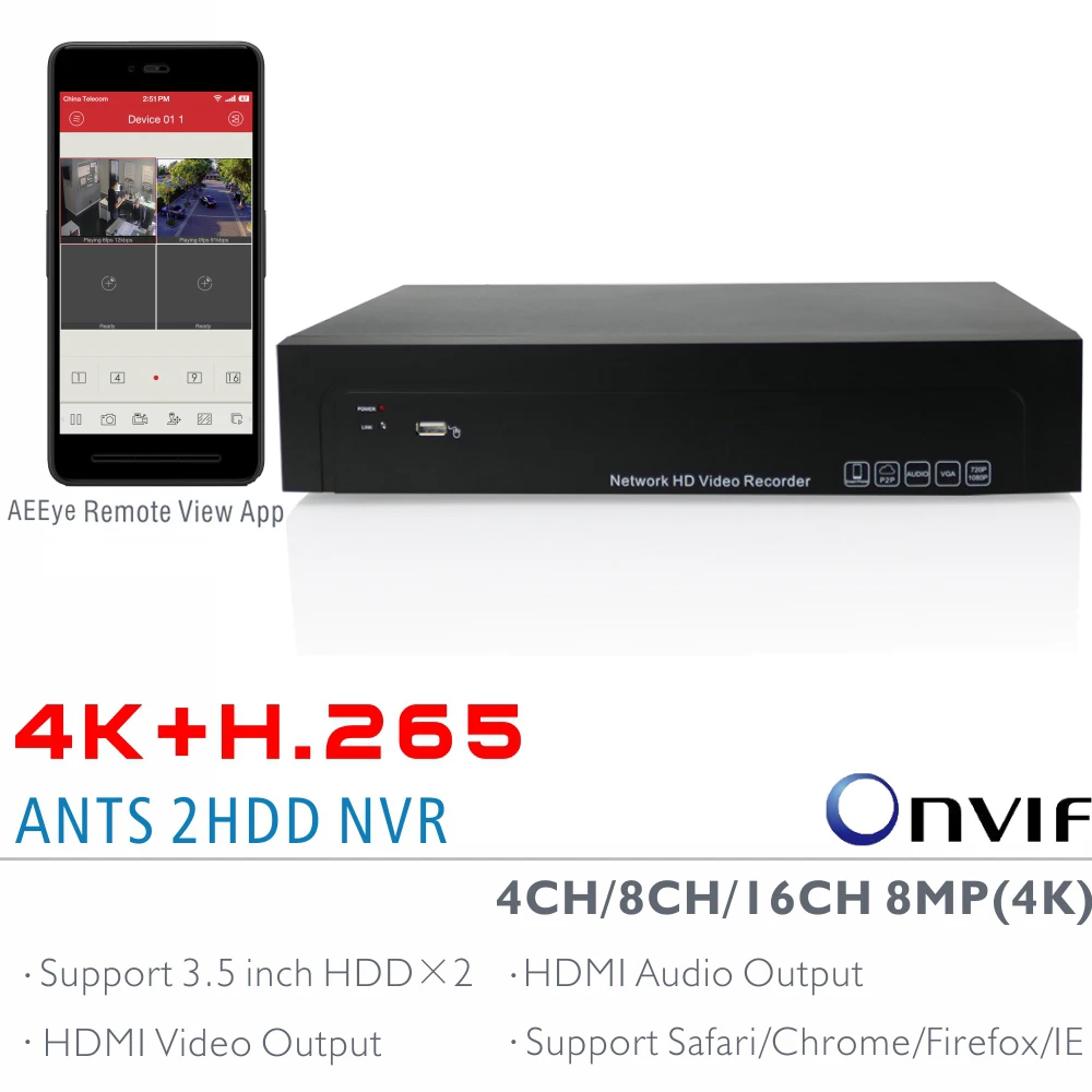 Муравьи 4ch 8ch 16ch H.265 4 К (8MP) onvif NVR Поддержка 2x6 ТБ SATA HDD с aeeye P2P смартфон приложение HDMI