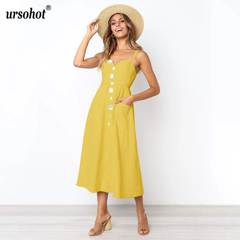 Ursohot летом спагетти ремень платье хлопок и лен карман Vestidos пляжное вечерние