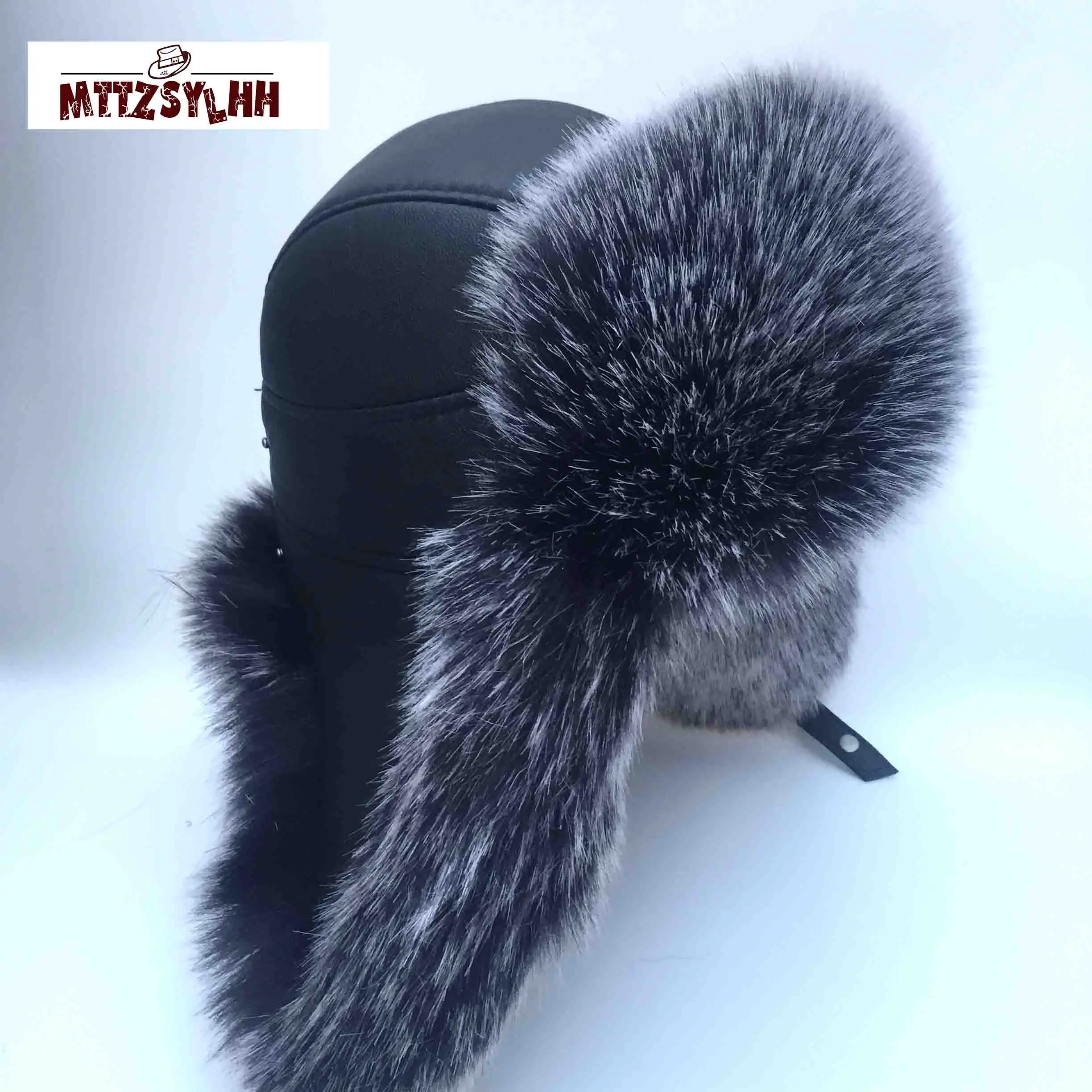 MTTZSYLHH мужской шапка ушанка шлем летчика лисий мех русская зимняя шапка теплые высококлассные уши Bombshell искусственная кожа - Цвет: Серый