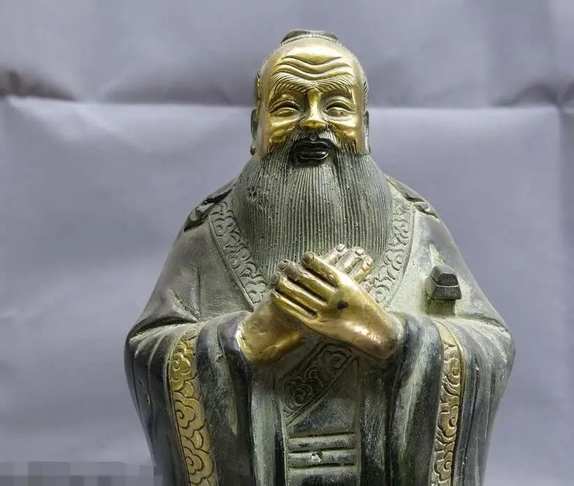 11 &quotкитайская Бронзовая позолоченная резная скульптура Конфуцианская статуя