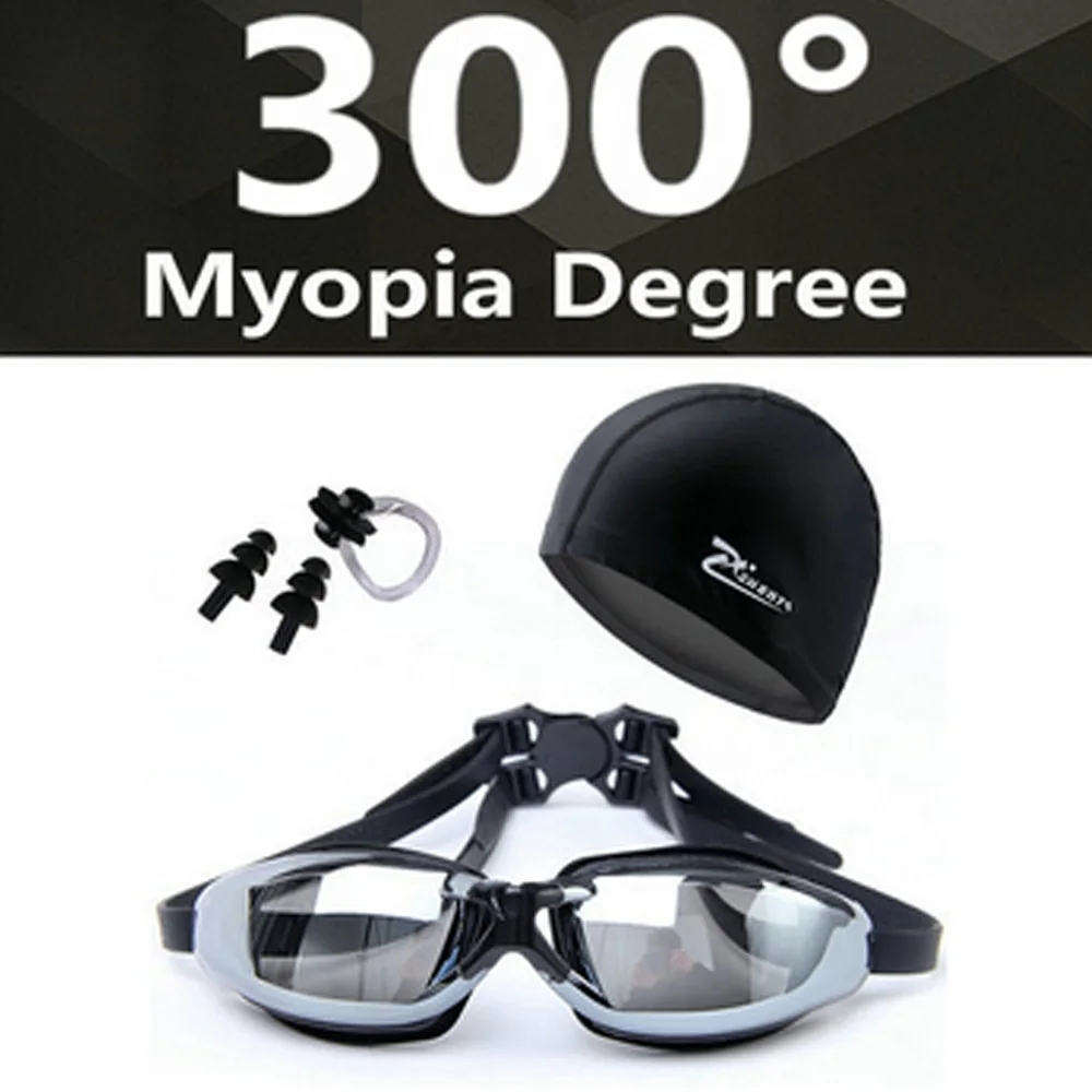 Myopia 300 black Плавательные очки Комплект из 3 предметов мужские профессиональной близорукости плавательные очки зажим для носа беруши для плавания ПУ шапки Водонепроницаемый Анти-туман УФ Очки для плавания маски - Цвет: Myopia 300 black