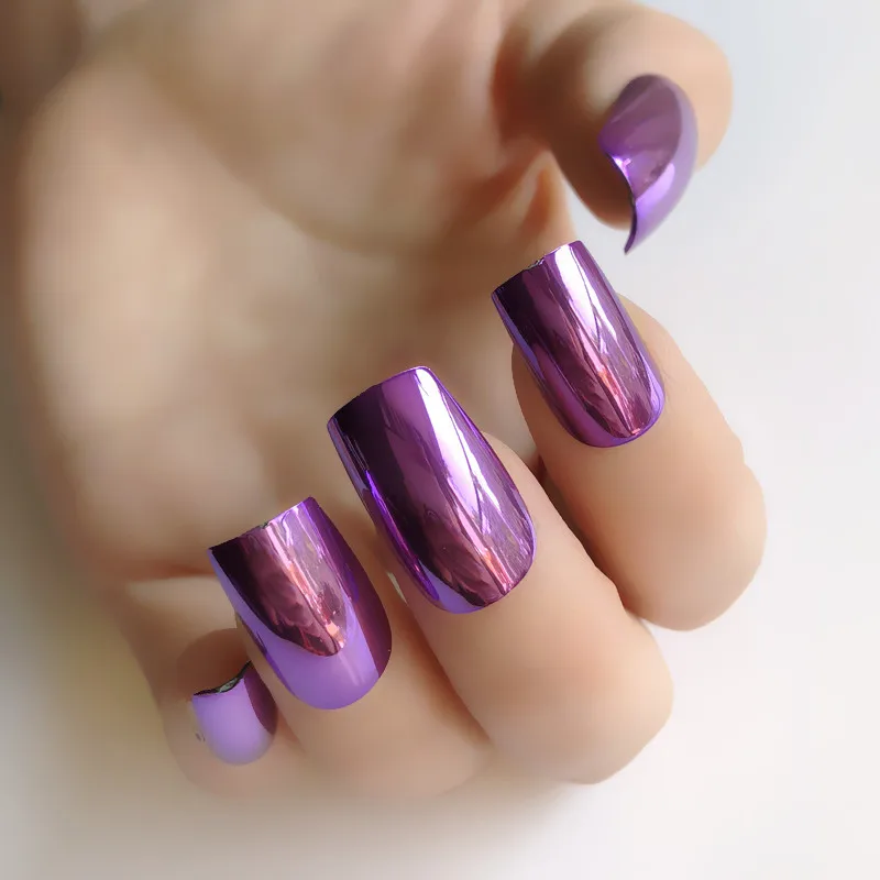 

24pcs/kit mirror reflexes false nails Long Square Flat head Press false Nails Shiny Metal solid nails and glue stickers S26