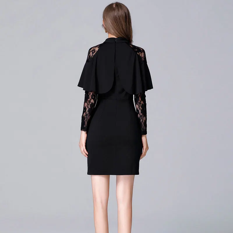 Women autumn new elegant Black Chiffon lace Plus size slim dress large Size Cloak Sleeves Pencil Dress Office Lady party Dresses | Женская