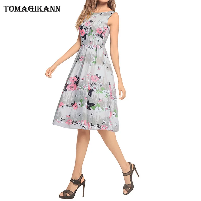 Plus Size Large Swing Women Party Dress 2018 Summer Elegant O Neck Floral Print Sleeveless Lady Dresses | Женская одежда