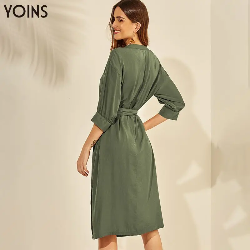 YOINS 2019 женское платье осень лето миди с v образным вырезом самозавязывающееся