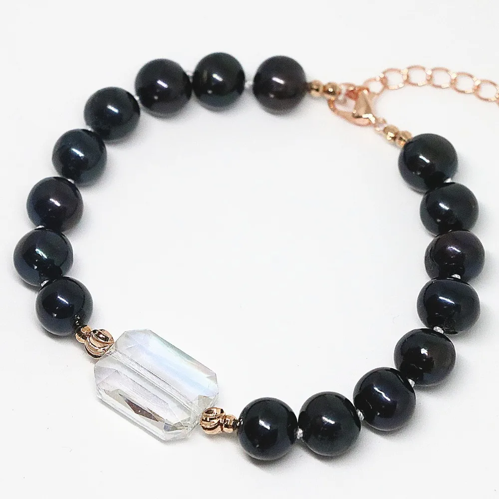 Trendy natural freshwater pearl 9-10mm 4 colors women bracelet crystal beads rose gold-color clasp jewelry B1403 | Украшения и