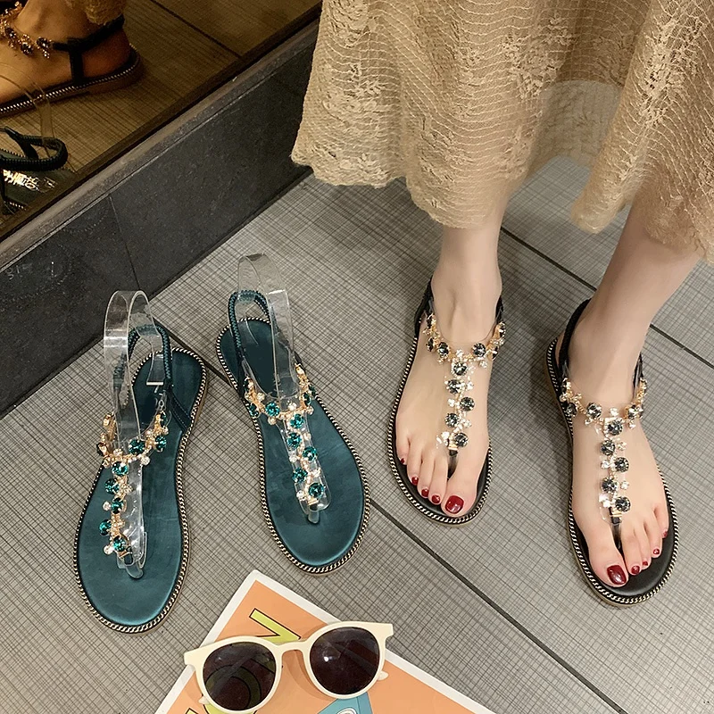 

Crystal Flip Flop Flat Sandals Summer Woman Casual Shoes T- strap ankle buckle High Quality Street Office Shoes Shiny