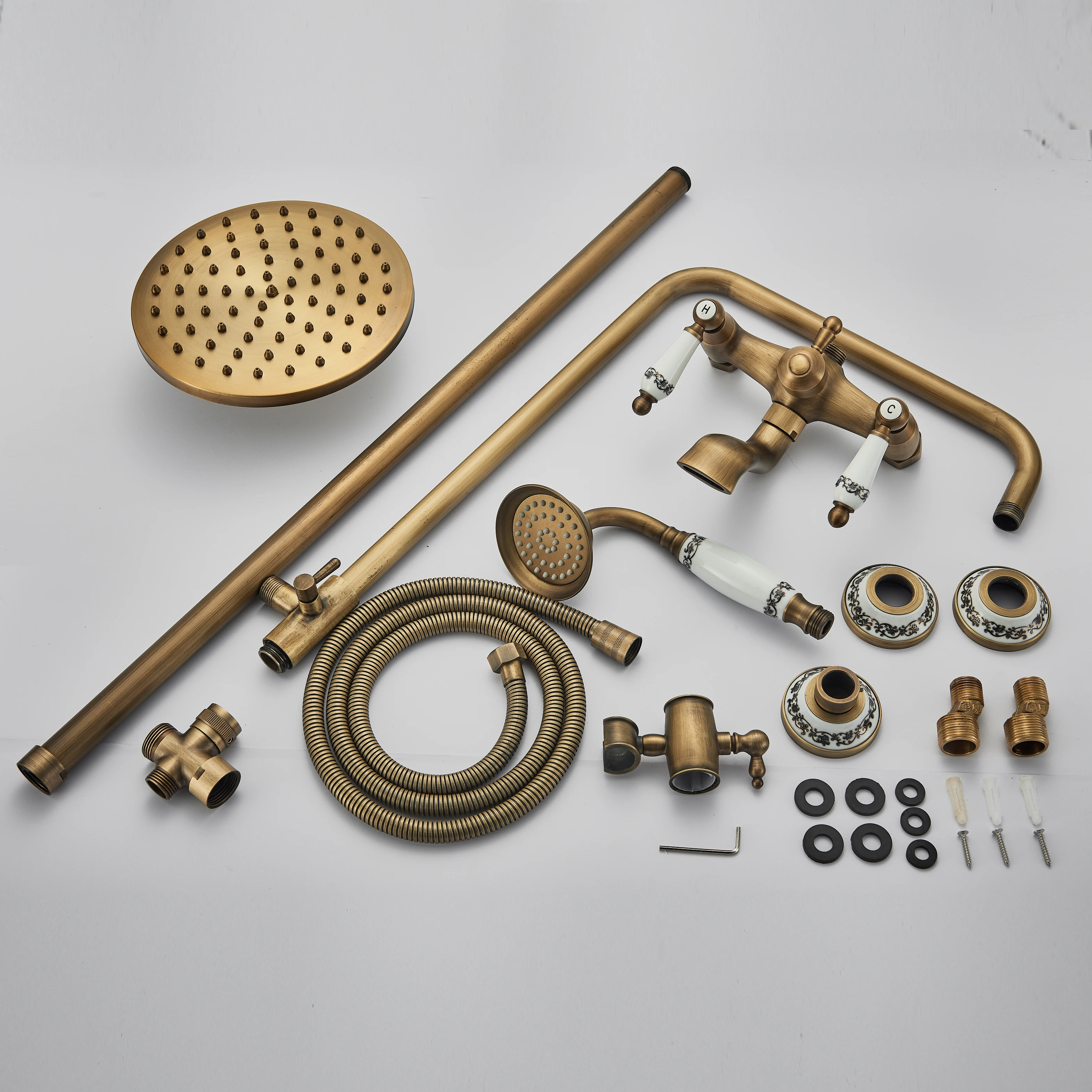 

Brass Antique Shower Faucets Set Porcelain Ceramic Shower Column Swivel Rotate Bath Spout Dual Knobs Mixer Tap Bath Shower Kit