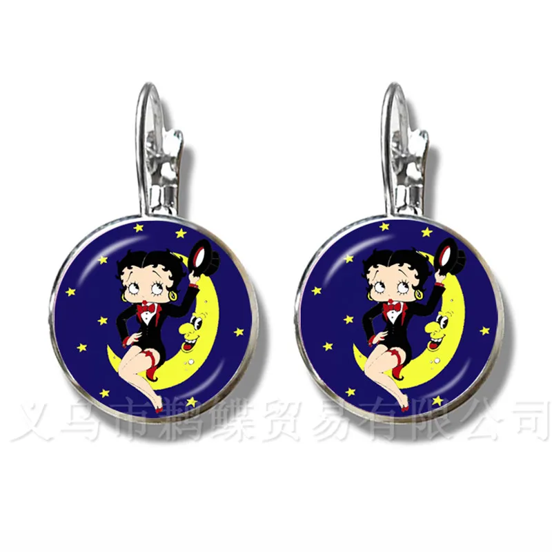 

Lovely Romantic Betty Boop Series Pattern 16mm Round Glass Cabochon Handmade Silver Plated Stud Earrings For Glamorous Gift