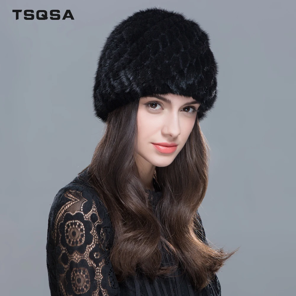 TSQSA Women Real Mink Fur Hat Natural Female Hats Winter Thick Warm Fashion Cap Ladies Pineapple TAH1607 | Аксессуары для одежды