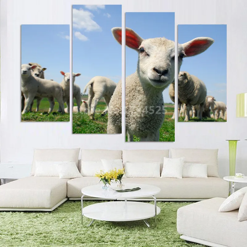 

CLSTROSE 4 Pcs Cute Little Sheep Picture Canvas Painting Modern Wall Picture For Living Room Unframed Decor Art Print on Canvas