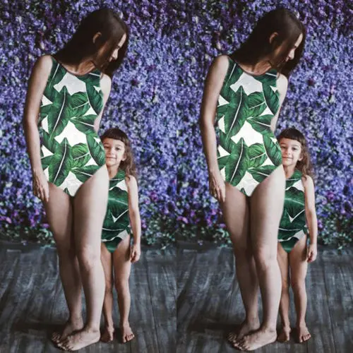 2018 новый зеленый Лифс цельный купальник для мамы и дочки маленьких девочек