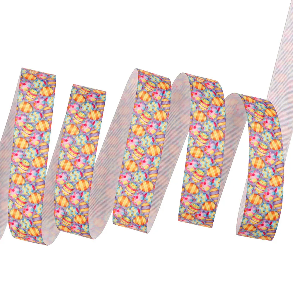 5Y/lot 25mm Cartoon Easter Ribbons Thermal Transfer Egg Rabbits Printed Grosgrain Ribbon DIY Handmade Material Tape Decoration
