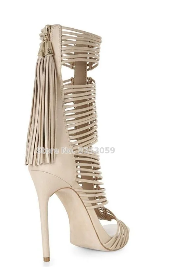 ALMUDENA High End Black White Thin Strappy Fringe Gladiator Sandals Stiletto Heels Cage Sandal Booties Tassel Dress Shoes Size43