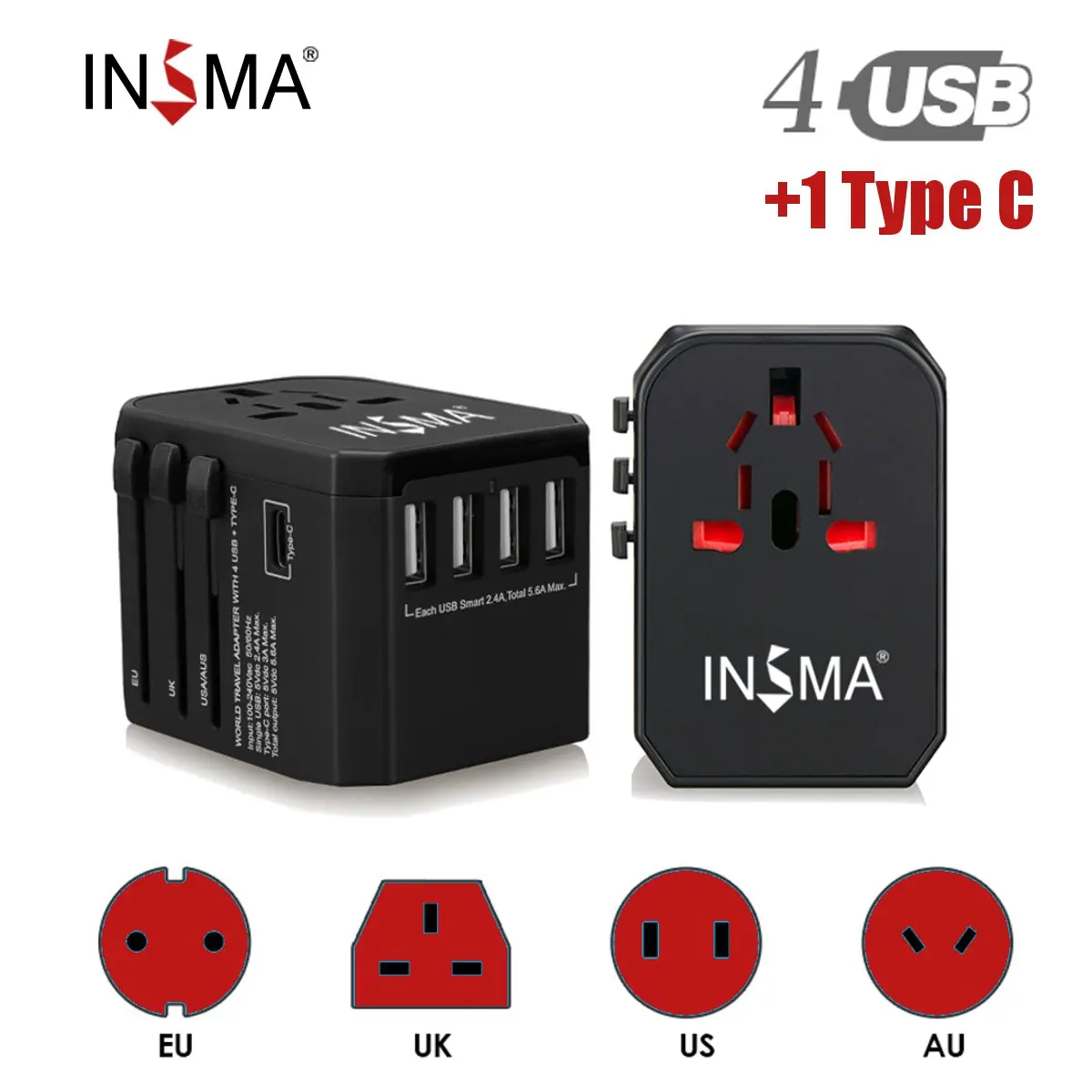 Всемирно известный адаптер для путешествий электрические вилки розетки 4 USB порта 5.6A Быстрая зарядка+ тип-c универсальное сетевое зарядное устройство для ЕС/Великобритании/США/Австралии