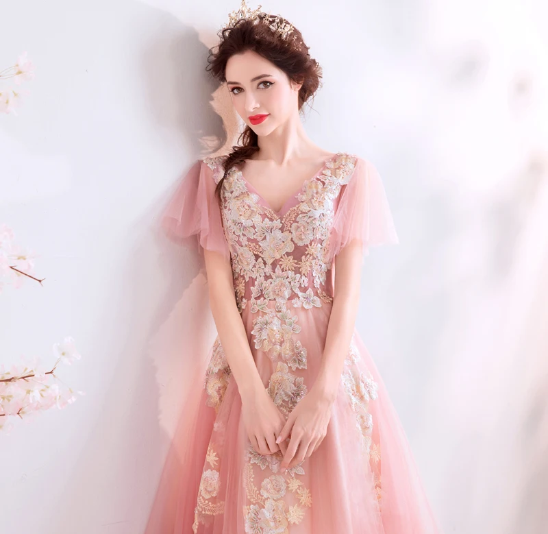 Женское вечернее платье до пола SSYFashion розовое кружевное с коротким рукавом и V