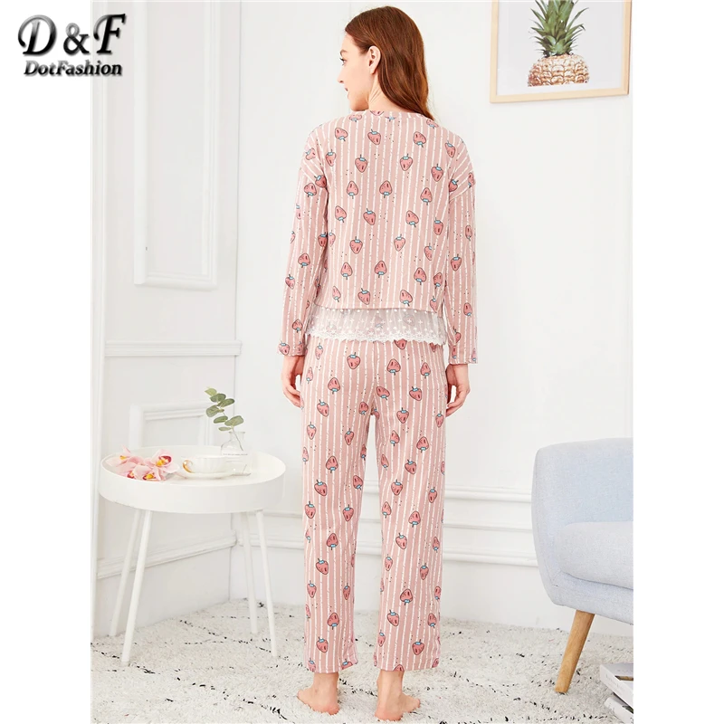 Dotfashion розовый пижамный комплект с принтом клубники и кружевной отделкой с маской для глаз, пижамы для женщин, осенняя одежда для сна, Ночная одежда с длинным рукавом