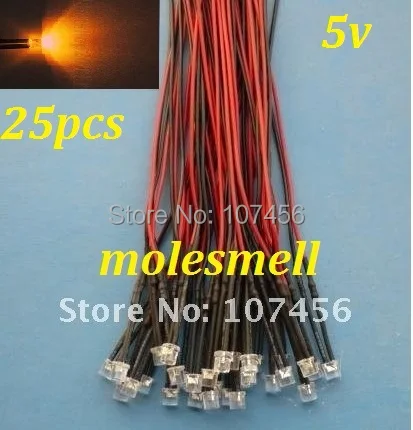 Free shipping 1000pcs 5mm Flat Top orange LED Lamp Light Set Pre-Wired 5mm 5V DC Wired 5mm 5v big/wide angle orange led