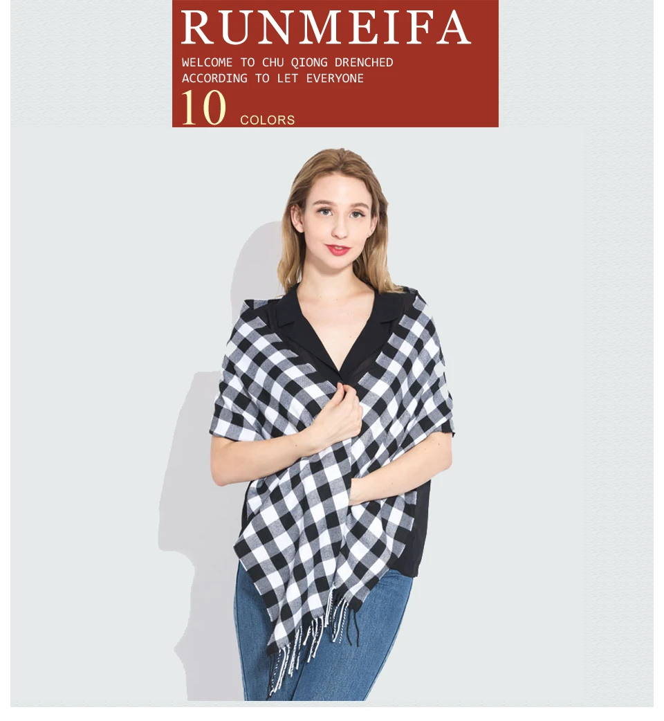 [RUNMEIFA] дизайн, Женская шаль, клетчатые шарфы с кисточками, осенне-зимние модные теплые шарфы, нейтральный акриловый шарф