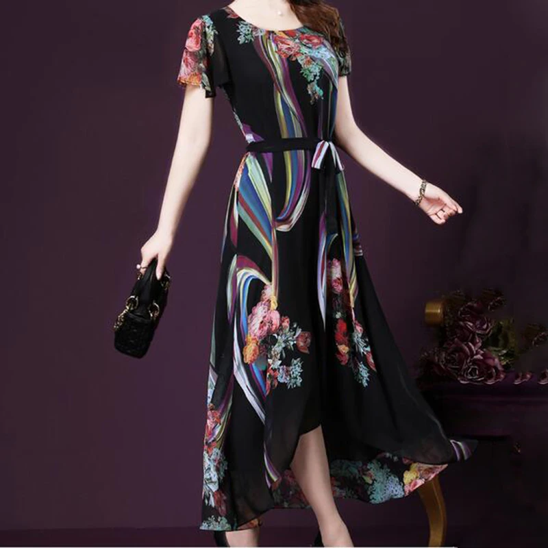 Женское шифоновое платье с коротким рукавом Свободное длинное большого размера