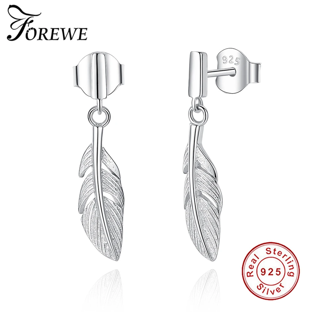 FOREWE чистое серебро 925 пробы Серьги-гвоздики для женщин модные ювелирные изделия Серебро 925 Перо Серьги Подарок на годовщину