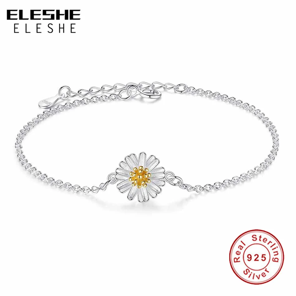 ELESHE, роскошный бренд, 925 пробы, Серебряный цветок ромашки, браслеты с подвесками, звенья цепи, регулируемые браслеты для женщин, свадебные ювелирные изделия
