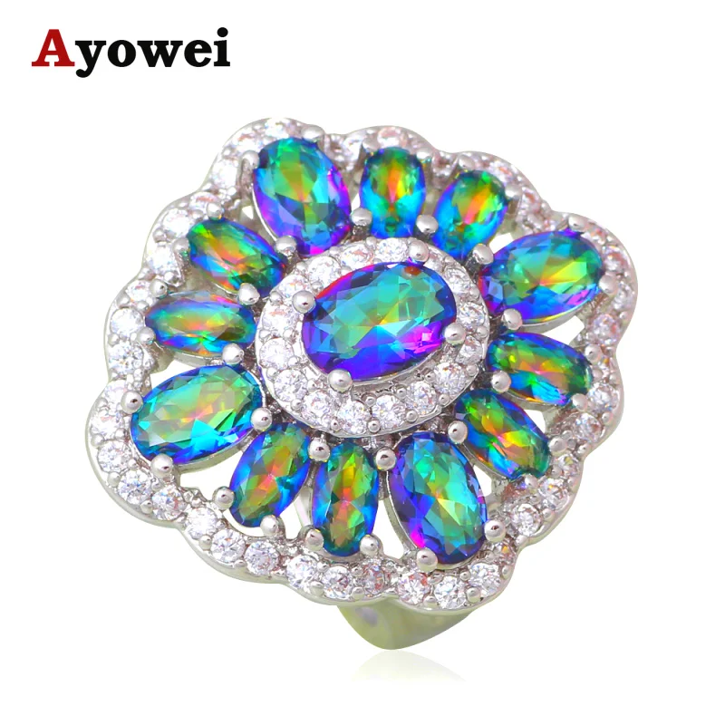 Юбилейное кольцо для женщин серебряное с радужным мистическим кристаллом и
